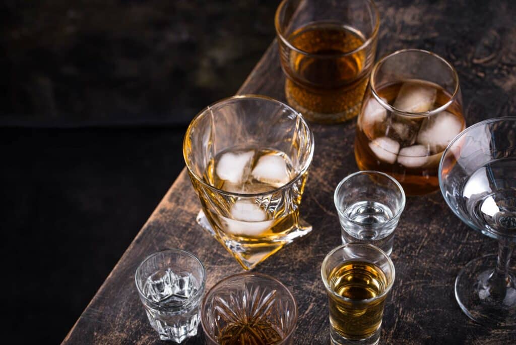 Assortment of various strong alcohol drinks